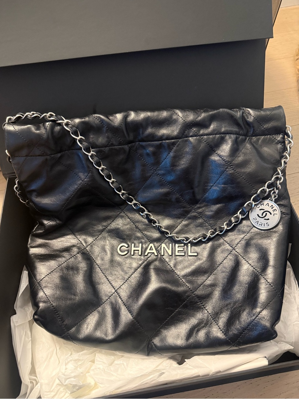 Chanel 22 Small Shiny Calfskin Black Silver HW